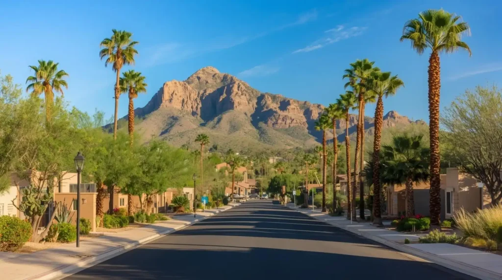 Phoenix Arizona real estate market showing neighborhood homes with desert landscaping and mountain views