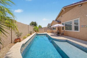 Private in-ground pool in the backyard of 9856 E Timpani Ln, Mesa AZ