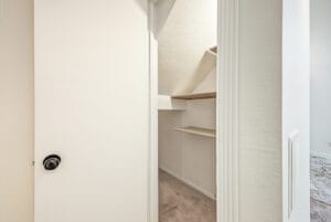 Under-stairs storage closet with shelving