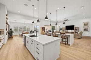 Waterfall-edge kitchen island with seating